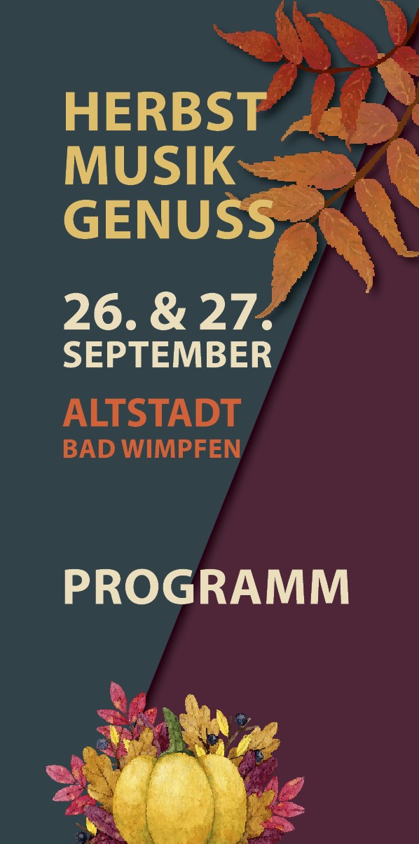 programm-herbst-musik-genuss_2026 Cover vom Programmflyer Herbst-Musik-Genuss mit Herbstblättern und Kürbis