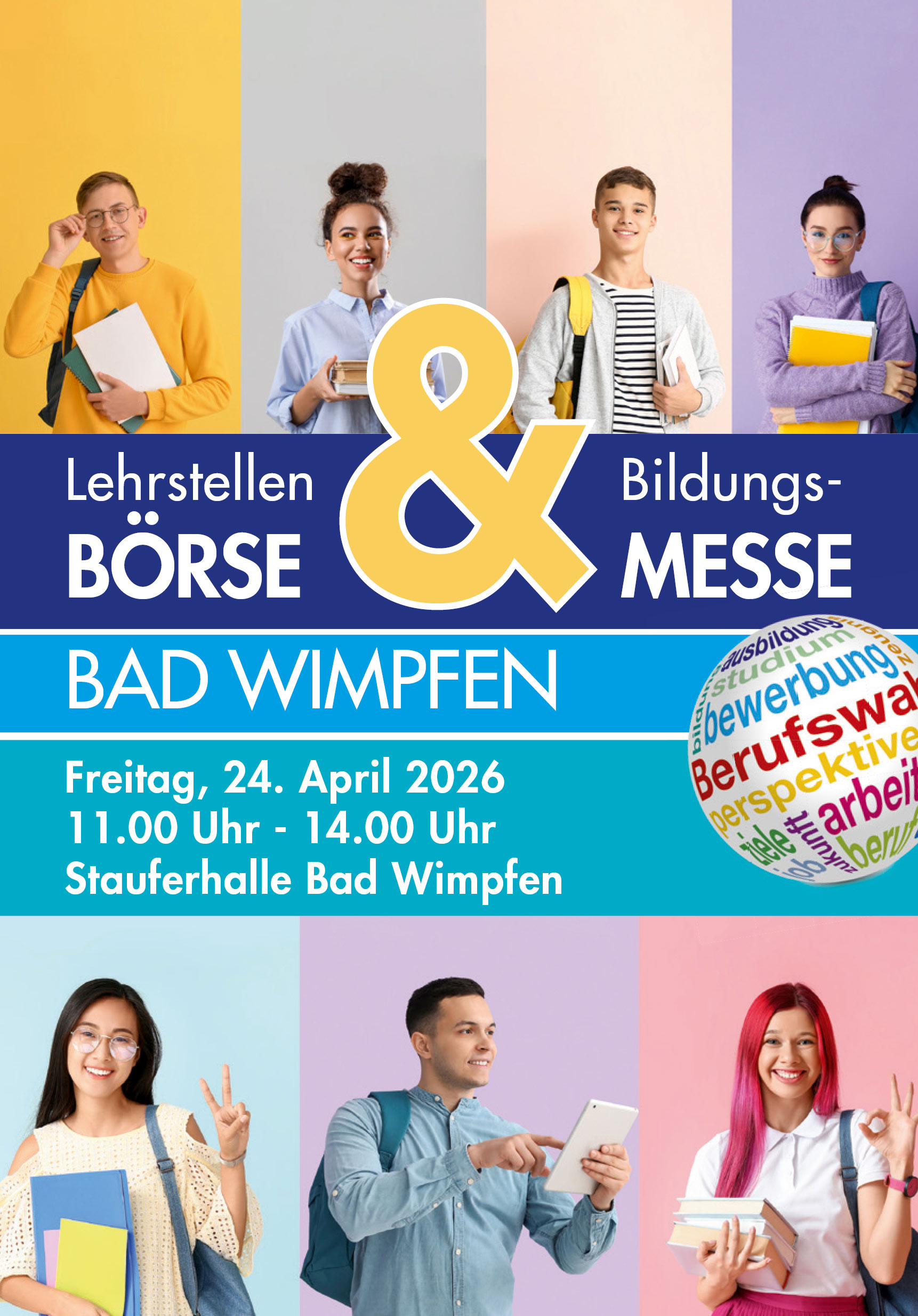 Cover Broschüre zur Lehrstellenbörse-Bildungsmesse Bad Wimpfen mit Text und Bildern von jungen Menschen